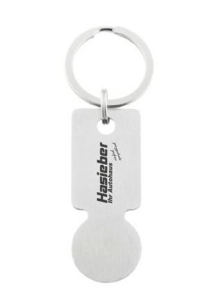 Einkaufswagenlöser-Schlüsselanhänger "Style & Shop" mit Firmenlogo als Lasergravur